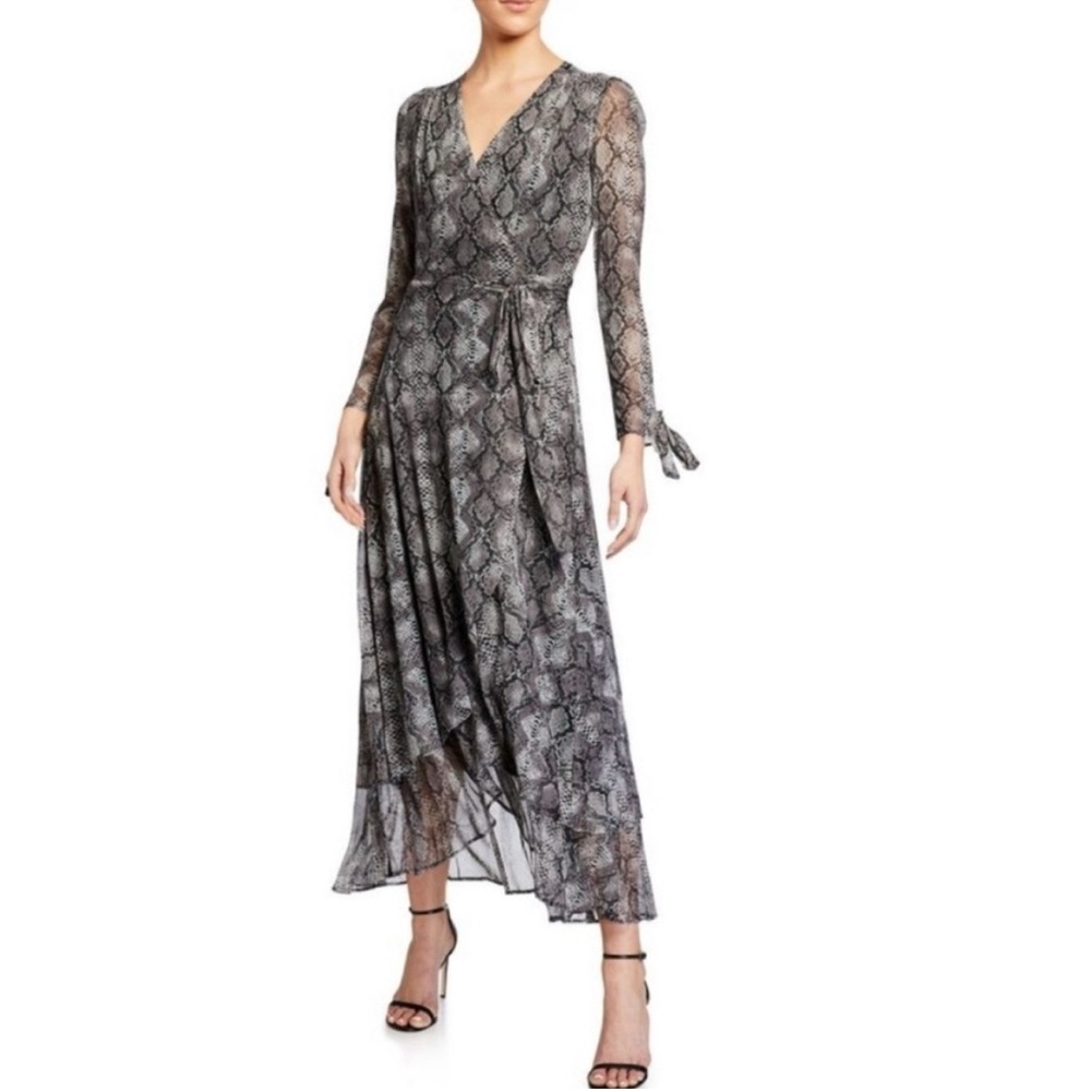Betsey Johnson Snake Print Bow Sleeve Wrap Maxi Dress Gray Black Evening Formal - Picture 12 of 16